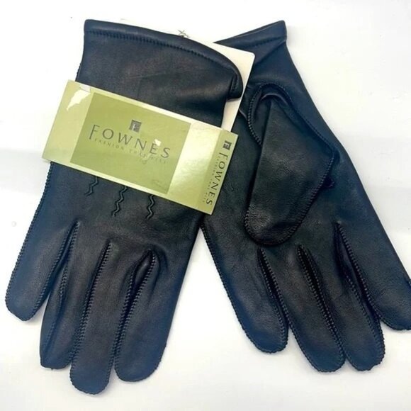 NWT Fownes Black‎ Leather & Wool/Cashmere Blend Gloves Size M - Picture 1 of 6